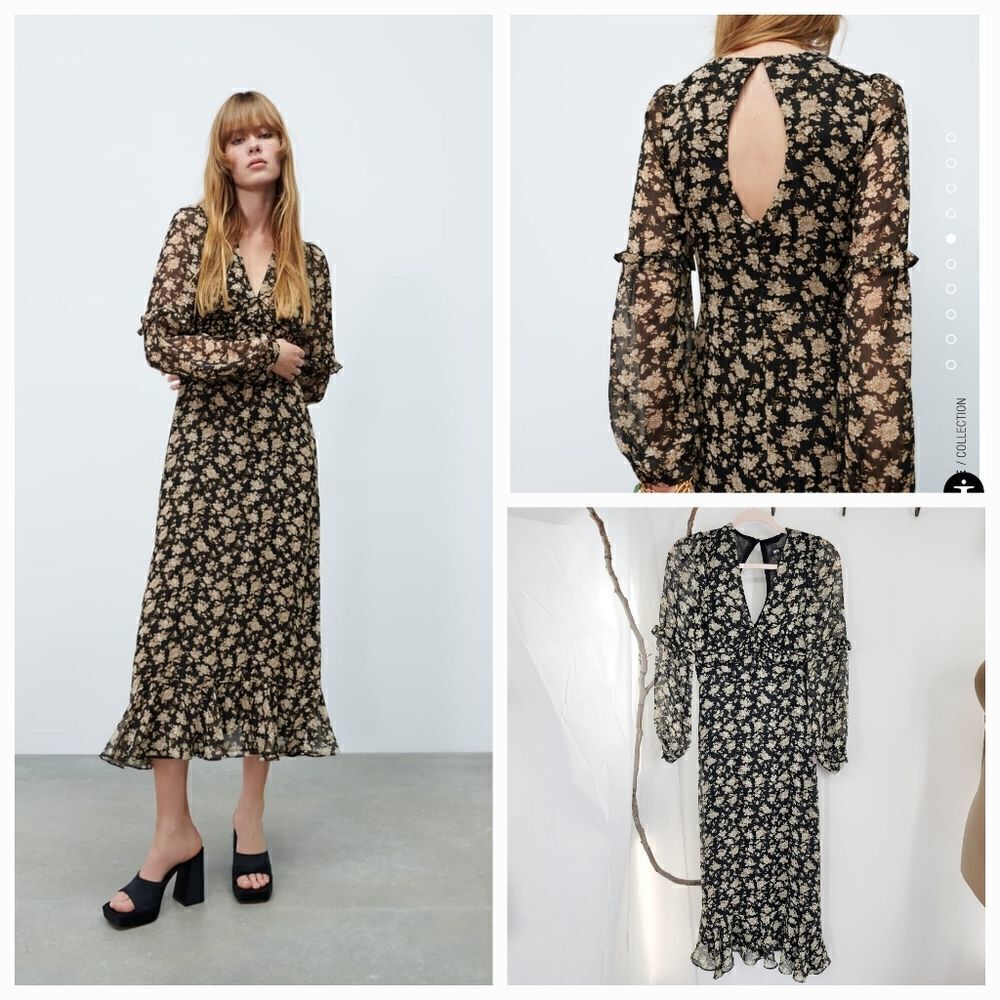Zara spain Midi dress with a V-neckline and long sleeves. Ruffled trim
